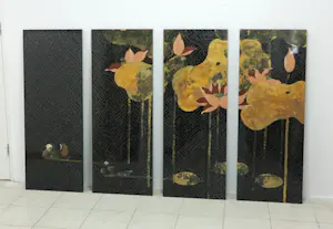 Niet of onleesbaar gesigneerd - Vier beschilderde decoratieve Chinese (lak)wandpanelen kopen? Bied vanaf 1!