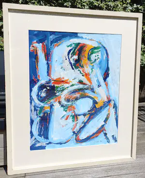 Fien Huth - CoBrA-achtig figuur, gemengde techniek op papier (netjes ingelijst, groot) kopen? Bied vanaf 195!