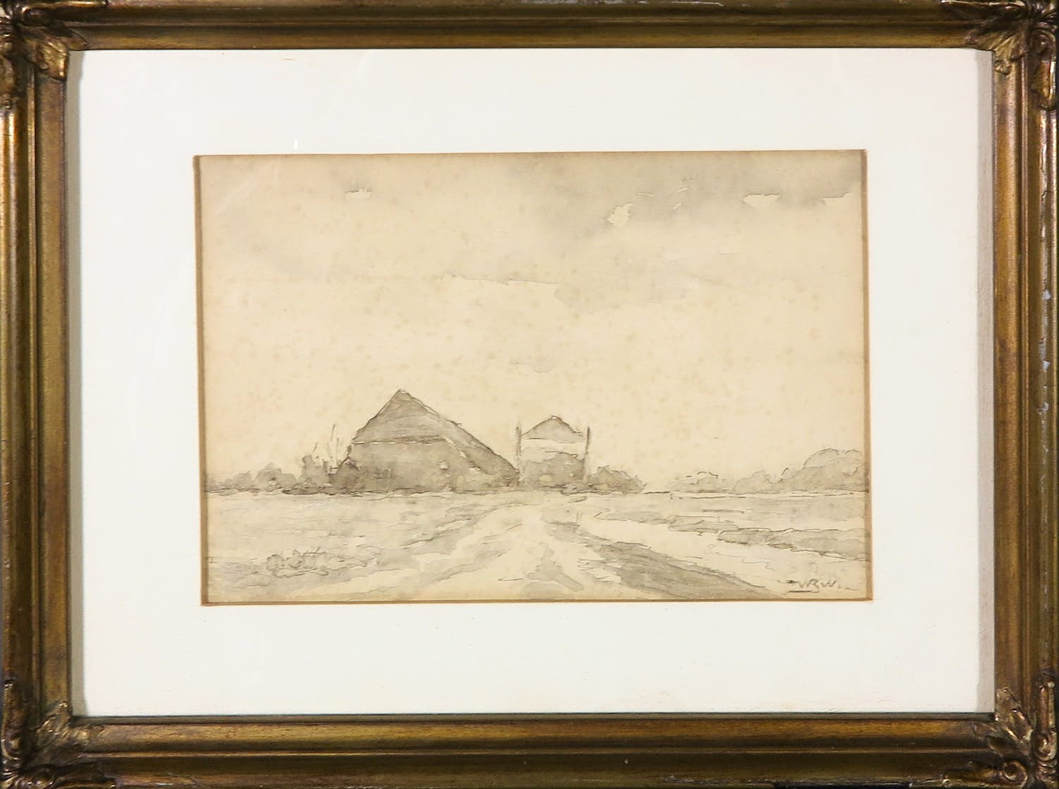 Niet of onleesbaar gesigneerd - Aquarel, Schuur met hooiberg - Ingelijst kopen? Bied vanaf 1!