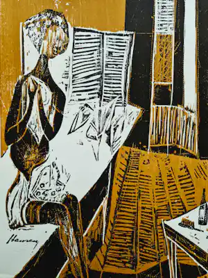 Karl-Heinz Hansen-Bahia - Holzschnitt „Interieur mit einheimischer Frau“, hergestellt für ARTA im Jahr 1963, signiert verkauft für € 38!