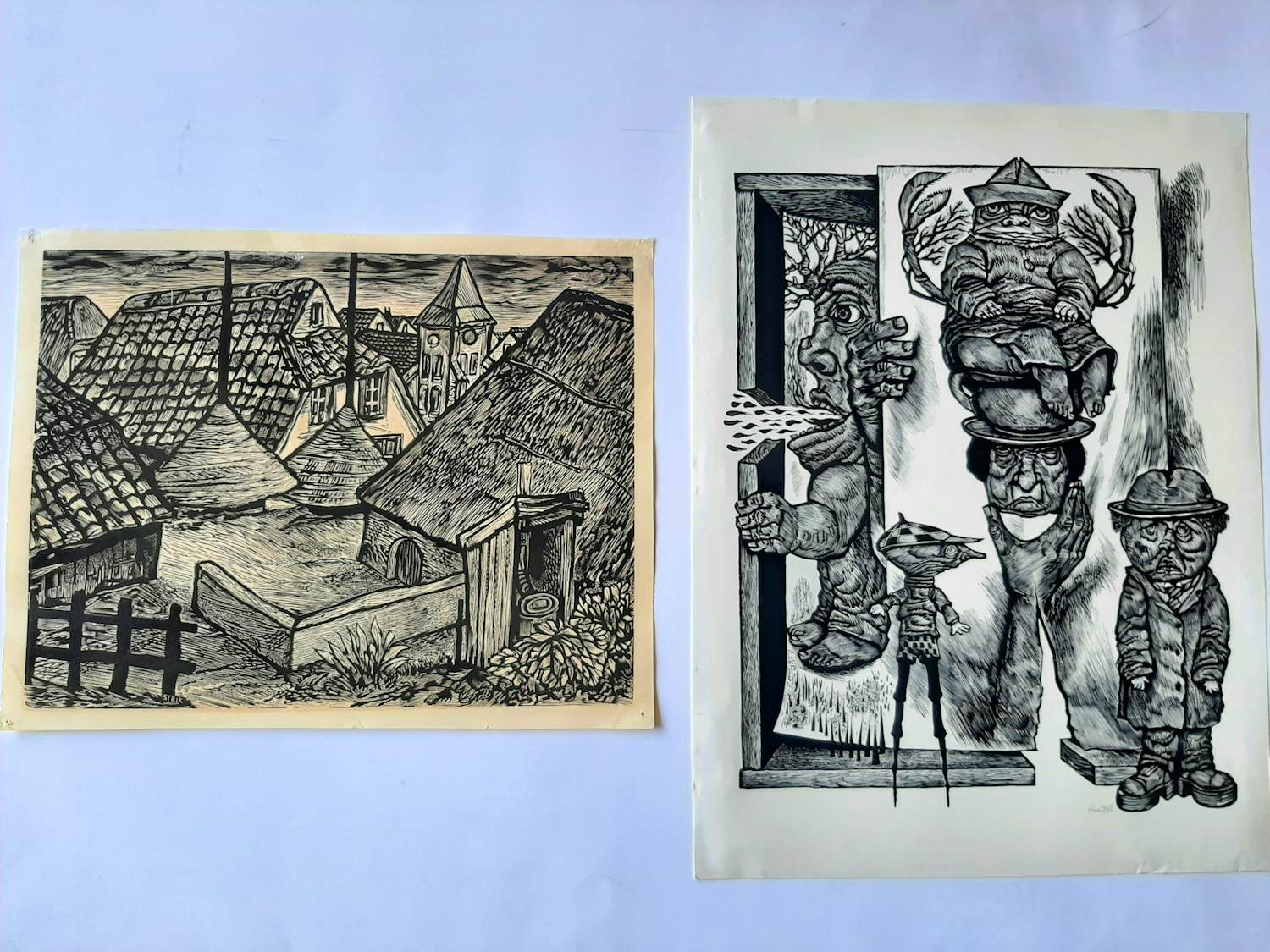 Lou Strik - 2 Houtsnede, Short People gesigneerd, dorpsgezicht druk gesigneerd. verkocht voor € 40!