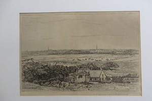 Antoon Derkzen van Angeren - Panoramisch landschap met boerderij,weide en stad op de achtergrond. kopen? Bied vanaf 10!