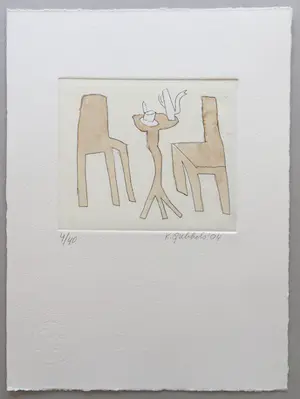 Klaas Gubbels - ets met aquarel ingekleurd - ‘Interieur met servies’ - 2004 kopen? Bied vanaf 245!