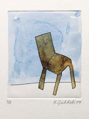 Klaas Gubbels - ets met aquarel ingekleurd - ‘Stoel in interieur’ - 2004 verkocht voor € 245!
