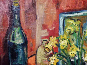 Matthieu Wiegman - Bloemenstilleven met fles en fruit - Bergense School kopen? Bied vanaf 450!