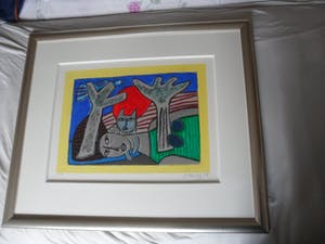 Corneille - Zeefdruk, Complicité entre la femme et l'oiseau - Ingelijst kopen? Bied vanaf 175!