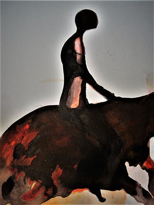 Niet of onleesbaar gesigneerd - Intrigerende grote Sang de Boeuf Aquarel "Man op Paard" gesigneerd kopen? Bied vanaf 10!