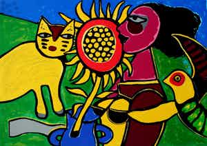 Corneille - Zeefdruk, Chat, tournesol et oiseau - 1998 verkocht voor € 295!
