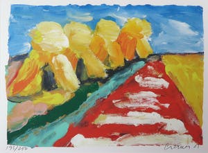 Jan Cremer - Zeefdruk, Korenschoven rood - Ingelijst kopen? Bied vanaf 150!