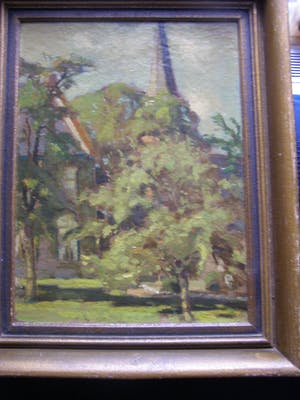 Niet of onleesbaar gesigneerd - Dorpsgezicht met kerktoren en bomen kopen? Bied vanaf 1!