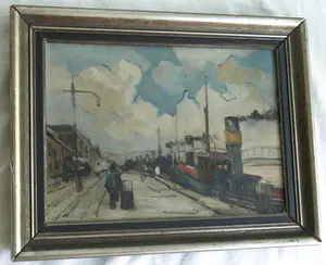 Niet of onleesbaar gesigneerd - Olieverf op doek , Aan de kade - ingelijst kopen? Bied vanaf 1!