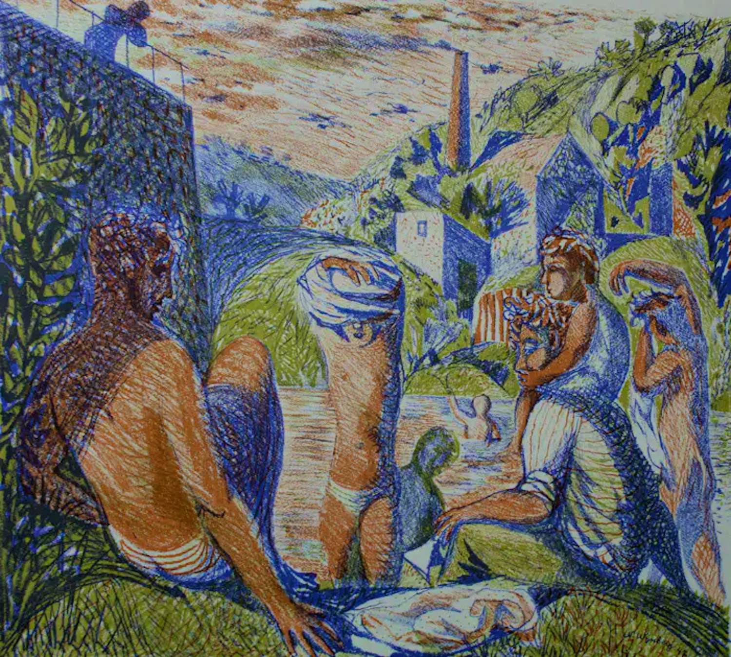 Nicolaas Wijnberg - Kleurenlitho: Badende mythische figuren - 1947 kopen? Bied vanaf 49!