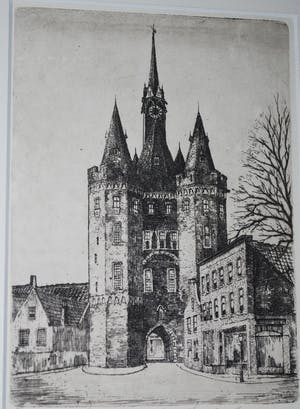 Marius Johannes Janssen - 2 etsen: Sassenpoort Zwolle-+-Gevangenpoort Bergen op Zoom (onbek.monogram) kopen? Bied vanaf 45!