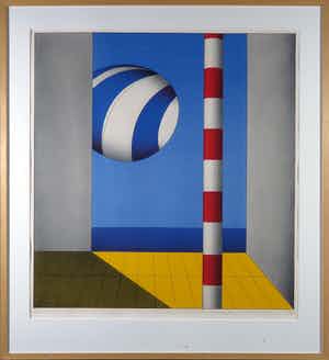 Marinus Fuit - Zeefdruk, Zwevende blauw-witte ballon - Ingelijst verkocht voor € 50!