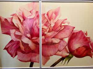 Yvonne Poelstra-Holzhaus - Olieverf op doek, Roze rozen (1991 - tweeluik) verkocht voor € 100!