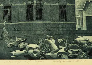 Theo Ros - sinistere staalgravure/aquatint "Day after night before" zeer kleine oplage (15) kopen? Bied vanaf 44!