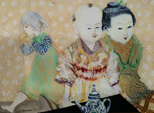 Heidi Daamen - gemengde techniek (gouache, pastel e.a.) 1974 - Japanse figuren - gesigneerd kopen? Bied vanaf 68!