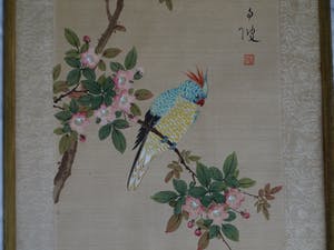 Niet of onleesbaar gesigneerd - Ingelijste aquarel op zijde, Japan? China? , Papagaai kopen? Bied vanaf 1!