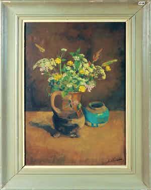Henk Kuipers - Olieverf op doek, Stilleven met veldbloemen - Ingelijst verkocht voor € 1!