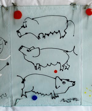 Niet of onleesbaar gesigneerd - 3 op Glas geschilderde werken, Fietsen, Koeien en Varkens - gesigneerd kopen? Bied vanaf 1!