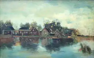 Willem Weissenbruch - Olieverf op paneel - "Huizen aan een rivier" verkocht voor € 1250!