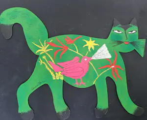 Corneille - Metalen sculptuur Groene kat met vogel / Chat Vert Avec Oiseau kopen? Bied vanaf 525!