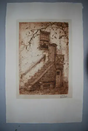 Anton Pieck - De Trap (Montfoort) 1916 - ets in bruin - een van de eerste afdrukken kopen? Bied vanaf 350!