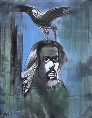 Joe Wols - Aquarel op papier, Man met vogel op hoofd kopen? Bied vanaf 1!