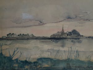 Niet of onleesbaar gesigneerd - Ingelijste aquarel, “Landschap met water” – gesigneerd ‘v. Os’ kopen? Bied vanaf 1!