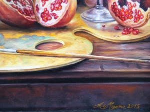 Alfonso Moreno - Stilleven schildersspullen schilderij wijn en fruit. kopen? Bied vanaf 250!