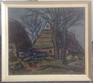 Jan Weinand De Jonge - Expressionistisch landschap met Groningse of Friese boerderijen kopen? Bied vanaf 90!