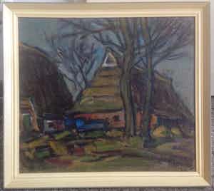 Jan Weinand De Jonge - Expressionistisch landschap met Groningse of Friese boerderijen verkocht voor € 90!