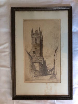 Eugene Lucker - Raadhuis Sluis in Zeeland - Ets, Ingelijst kopen? Bied vanaf 40!