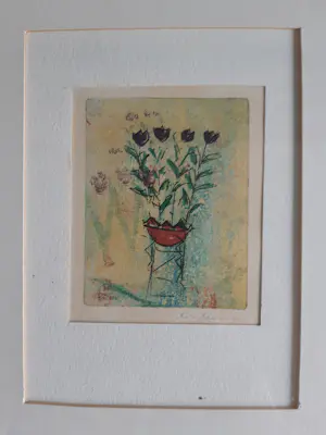 Lia van Leeuwen - vier kleine etsen van tulpen en figuurtjes kopen? Bied vanaf 20!