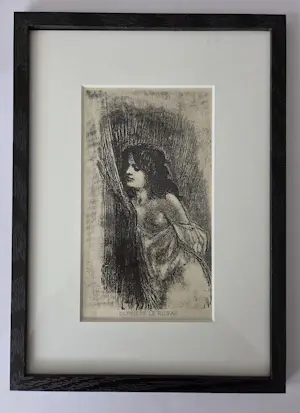 Felicien Rops - Derriere le Rideau. Dame. Portret. Naakt. 1908. Ingelijst. kopen? Bied vanaf 89!
