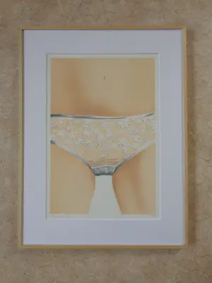 Max Selen - ONDERBROEKJE / KLEURLITHO / 70x53cm / KADER / SIG / 1976 kopen? Bied vanaf 30!