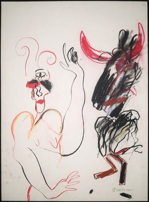 Anton Martineau - Krijttekening, Vrouw met pluimenhoed wenkt een donker dier (Groot) kopen? Bied vanaf 70!