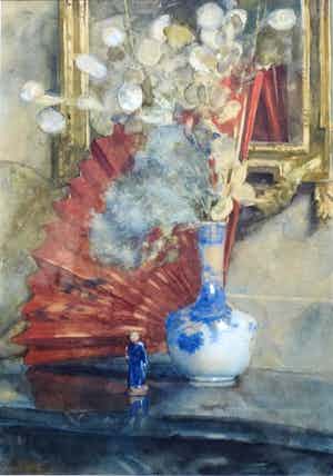 Ernst Witkamp - Aquarel op papier - "waaier en judaspenning in Chinese vaas" verkocht voor € 299!