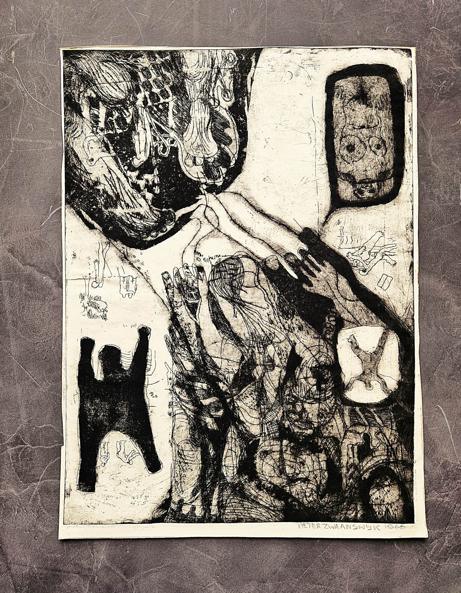 Pieter Zwaanswijk - onnavolgbaar Haarlems kunstenaar - ETS - surrealistische voorstelling - 1966 - kopen? Bied vanaf 37!