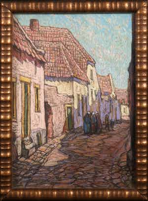 Niet of onleesbaar gesigneerd - Krijt op board, Straatje in Amersfoort - Ingelijst verkocht voor € 10!