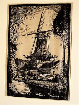 Niet of onleesbaar gesigneerd - Fraaie 1930 gesigneerde Houtsnede "Houtzaagmolen de Nagtegaal Dordrecht" kopen? Bied vanaf 1!