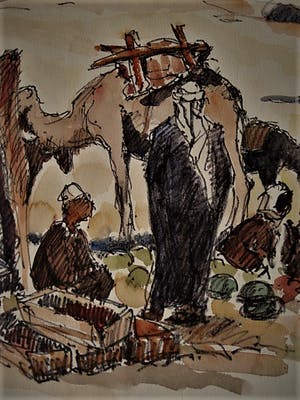 Frans Boers - Historisch Aquarel "Bedoeïenen markt bij Beersheba Negev" gesigneerd kopen? Bied vanaf 10!