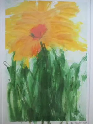 Ellen Meuwese - Monoprint "gele bloemen" in fraaie Barth lijst! kopen? Bied vanaf 1!