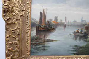 Jacob Jan Coenraad Spohler - Hollands rivierlandschap met windmolens en boten kopen? Bied vanaf 3000!