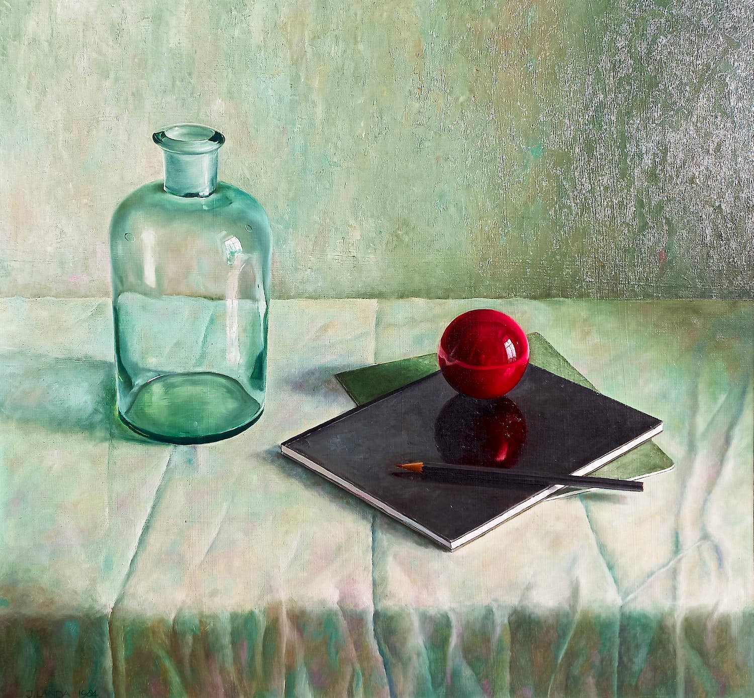 Julien Landa - Stilleven met zwart schrift en potlood, olieverf op paneel (netjes ingelijst) verkocht voor € 995!