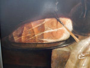 Peer Verrijt - klassiek stilleven, met kan, ham, tinnen bord, roemer, champagne flute, kleed kopen? Bied vanaf 350!