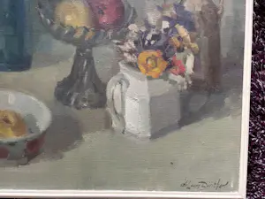 Wil van Dinther - gevarieerd stilleven met oa bloemen en fles wijn kopen? Bied vanaf 195!