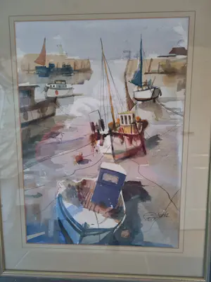 Terry Burke - Aquarel Haven Brixham Zuid Engeland met lijst kopen? Bied vanaf 30!