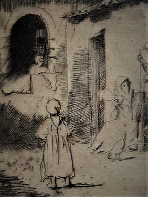 Niet of onleesbaar gesigneerd - Zeer oude Ets "Figuren op een binnenplaats" Rembrandt kwaliteit kopen? Bied vanaf 1!