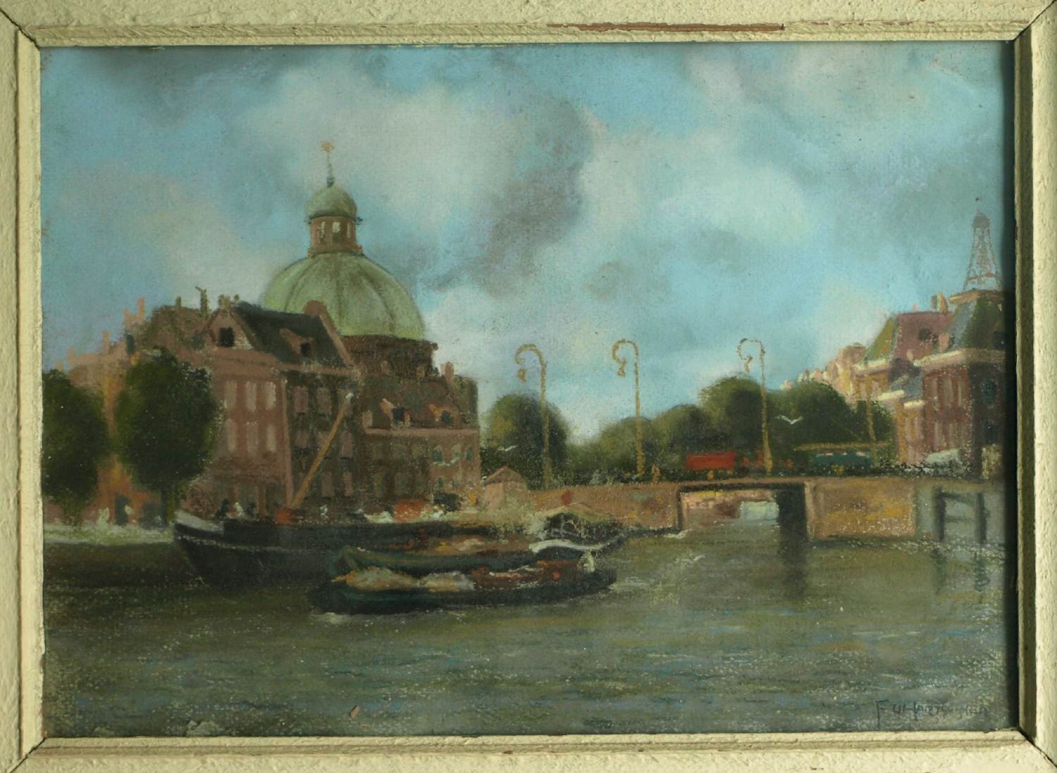 Fred Hartsuijker - Ingelijste pastel , Stadsgezicht Amsterdam verkocht voor € 40!